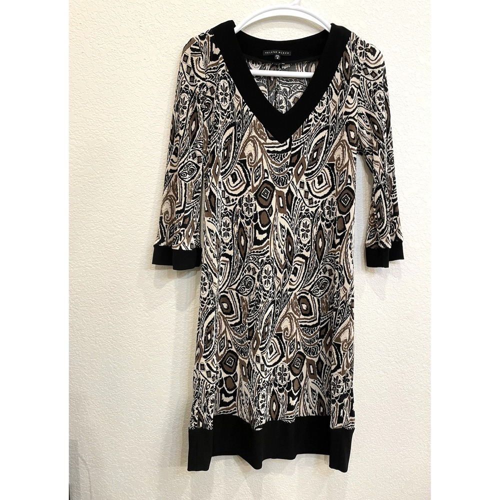 Vintage Dress Helene Blake Medium USA stretchy Abstract Print Black Evening